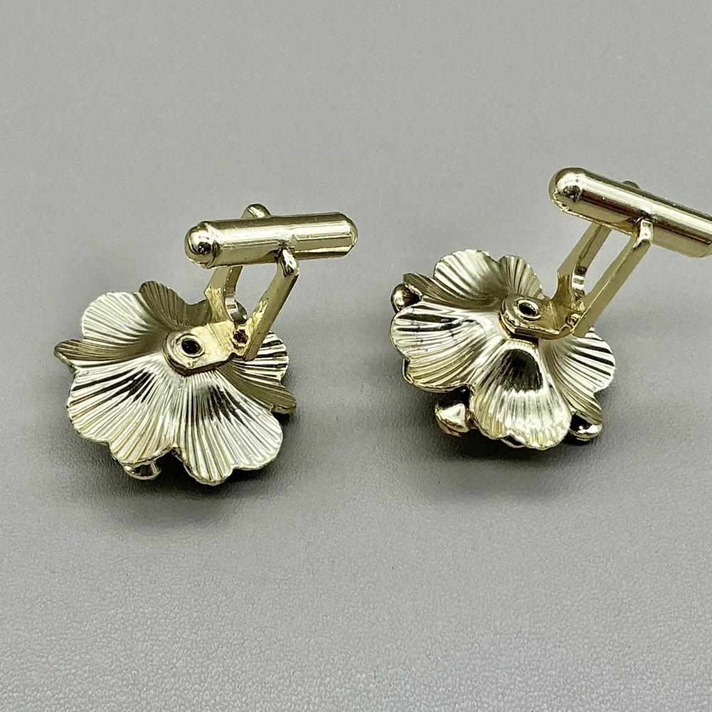 Vintage Floral Cufflinks Gold Tone Red Cabochon Rhinestone Flower Men's Jewelry